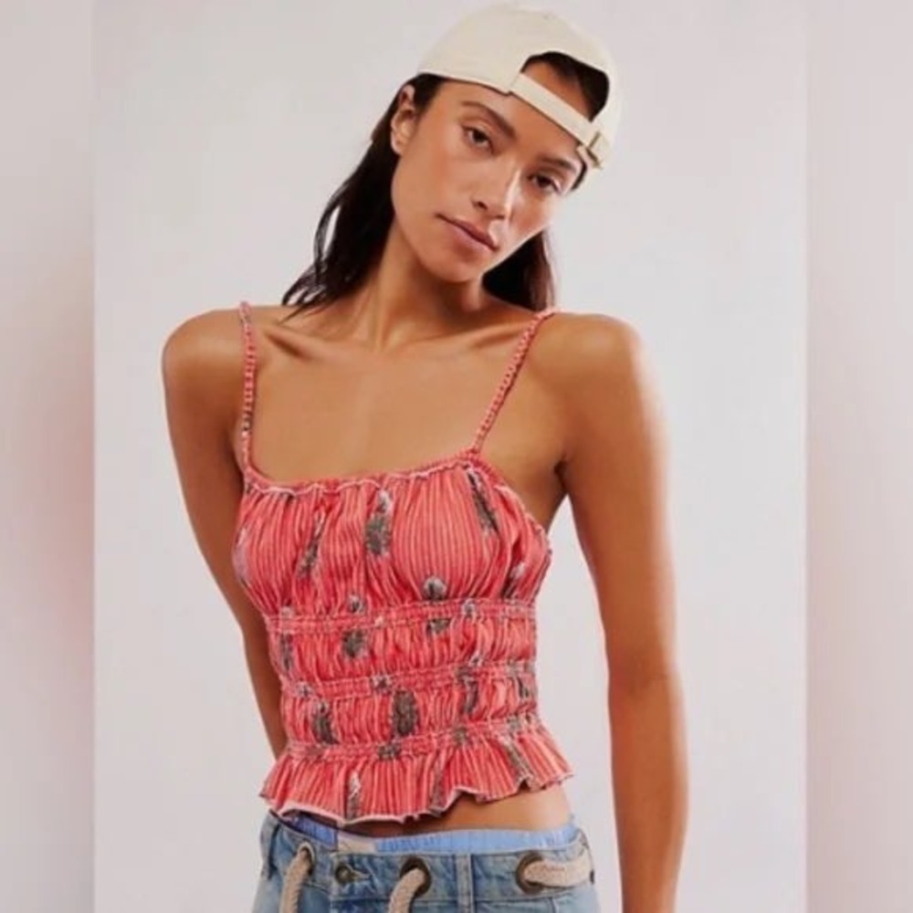 NWT Free People Dolce Vita Tank L Floral Striped‎ Smocked Peplum Boho Cottage